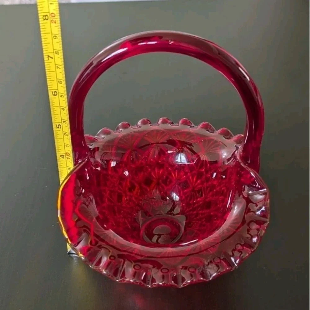 Vintage FENTON AMBERINA‎ RED RUFFLED DIAMOND BASKET